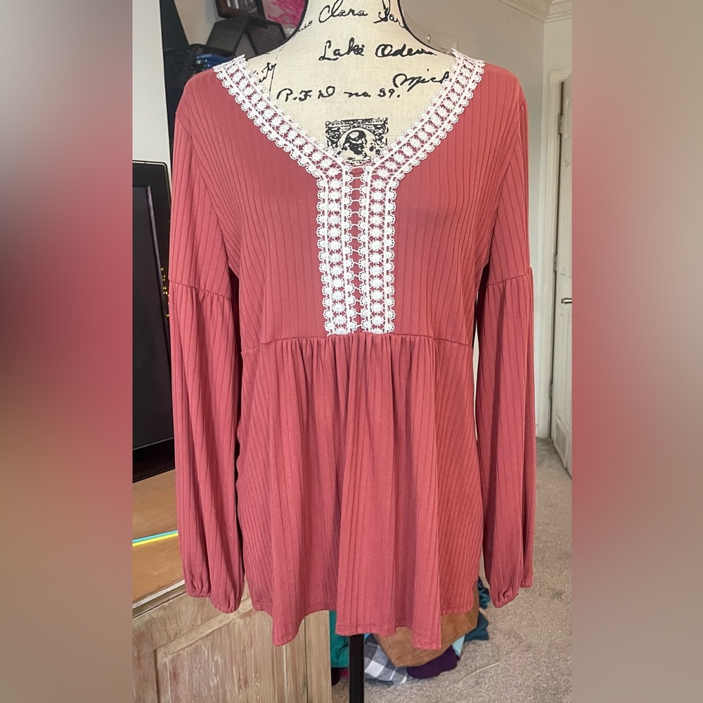 Beautiful Spring/Fall Blouse with Crochet V-Neck trim Babydoll Style!